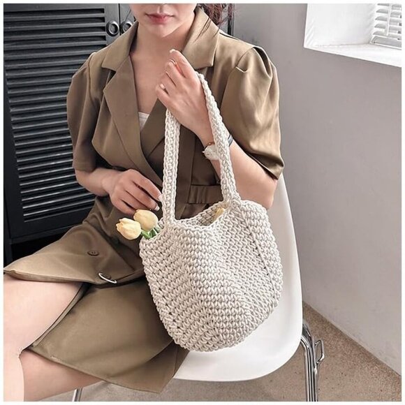 Summer Beach Handbag Womens Crochet Cotton Rope Large Woven Shoulder Bag - Picture 3 of 5